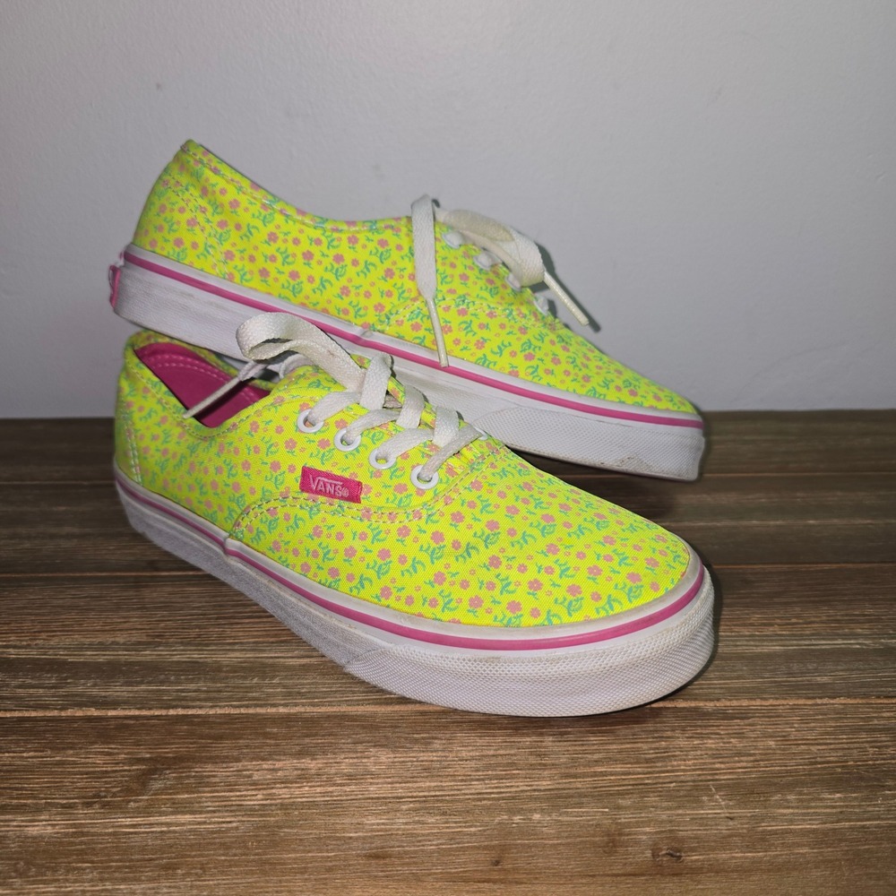 Vans Authentic Kids Neon Yellow Pink Floral Canvas Skate Shoes TB4R Youth 3.5